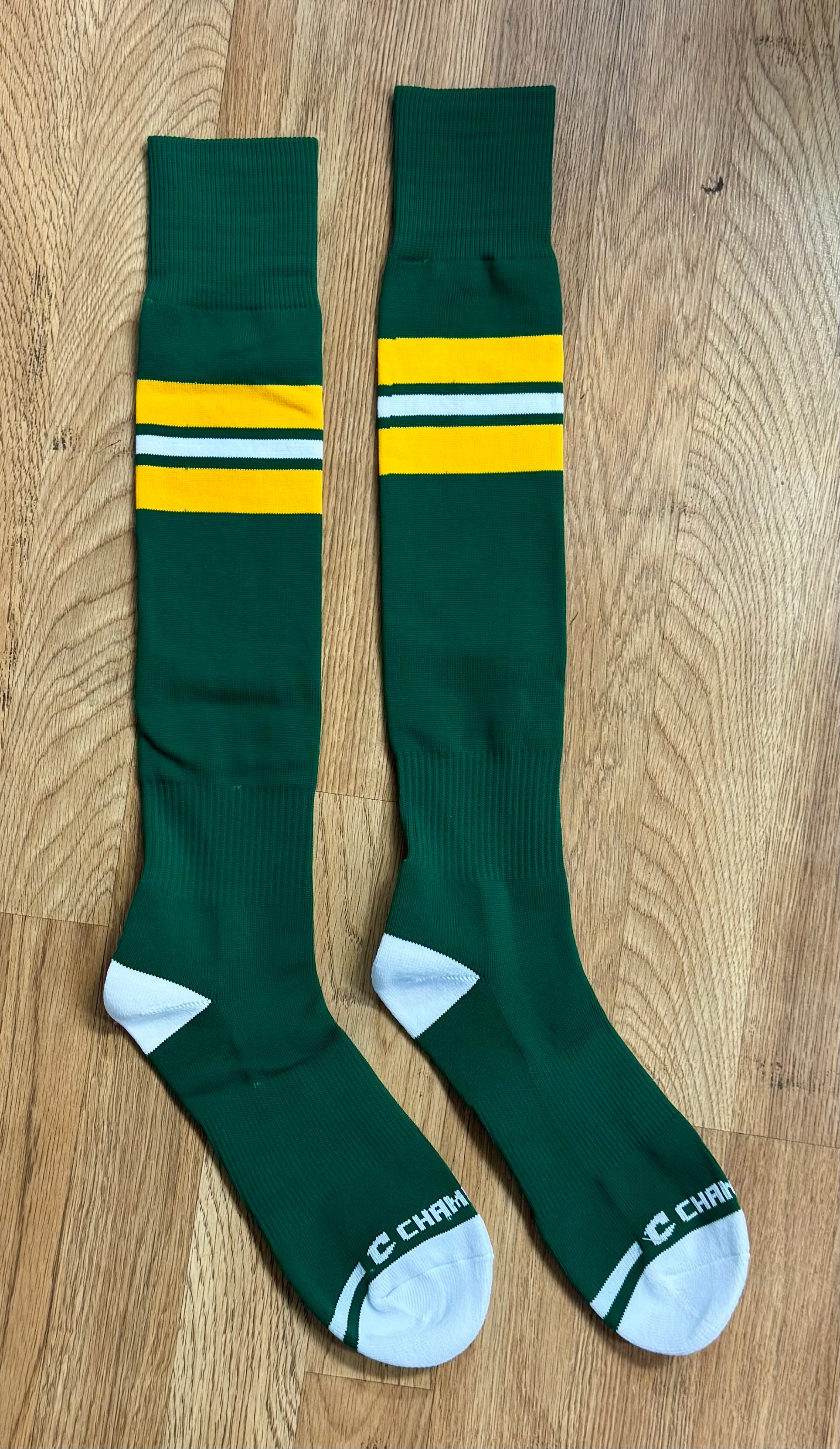 Vintage Warriors Game Socks - Champro Brand. Green with Gold and White Stripe