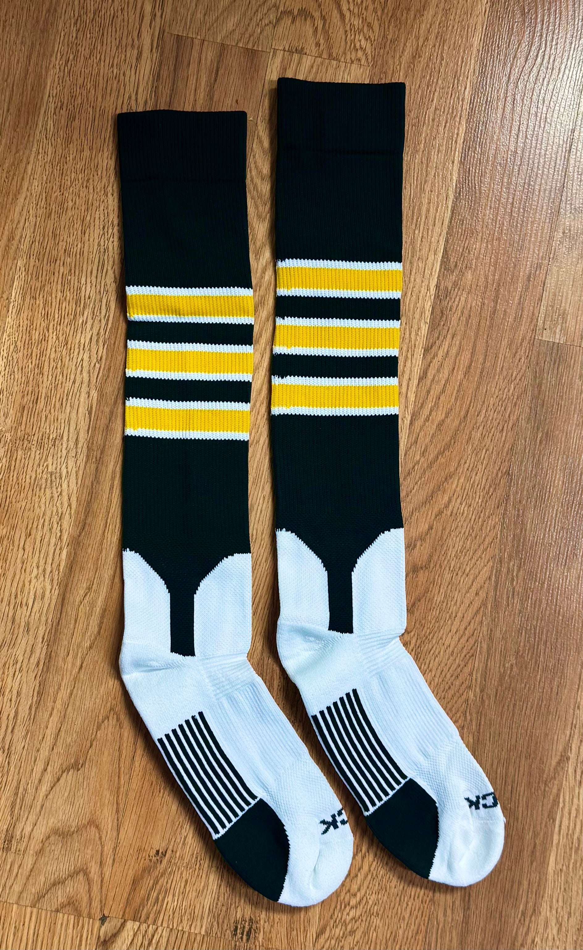 Vintage Warriors Game Socks - TCK Brand. Dark Green with Yellow and White Stripes